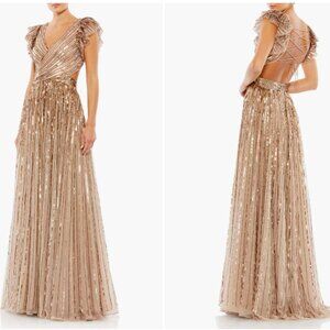 MAC DUGGAL 5568 SEQINED CUTOUT RUFFLED CAP SLEEVE LACE UP COPPER GOWN  sz 2